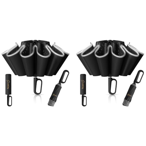 PALAY® 50 Inch Large Umbrella with Reflective Strip Auto 3-Fold Compact Travel Carabiner Handle Reinforced 10 Dual Ribs Sun Protection 99 Percent UV Rain Windproof for Men Women Black 2PCS PALAY® 50 Inch Large Umbrella with Reflective Strip Auto 3-Fold Compact Travel Carabiner Handle Reinforced 10 Dual Ribs Sun Protection 99 Percent UV Rain Windproof for Men Women Black 2PCS